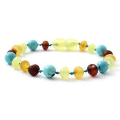 Barnsteen armbandje enkelbandje - Cognac-Turquoise